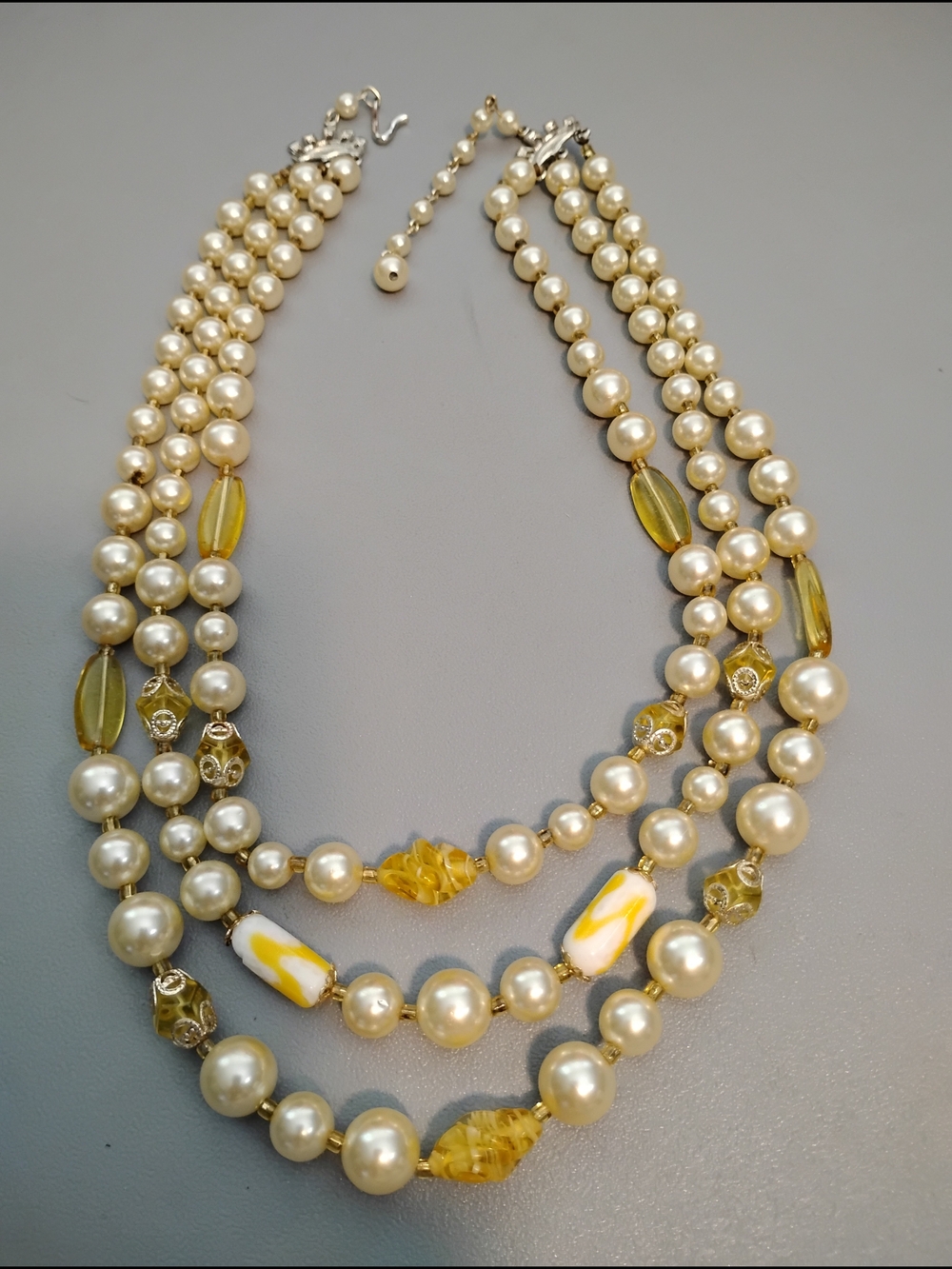 Classic Ivory Pearl & Yellow Glass Bead Multi-Strand Necklace Japan